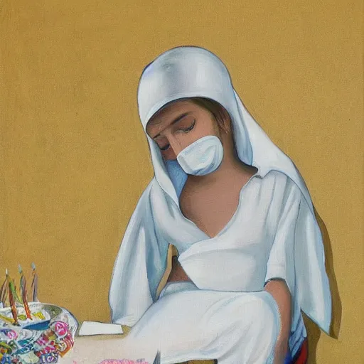 Image similar to a girl with a white headkerchief sitting alone on a birthday table looking sad high detailed painting