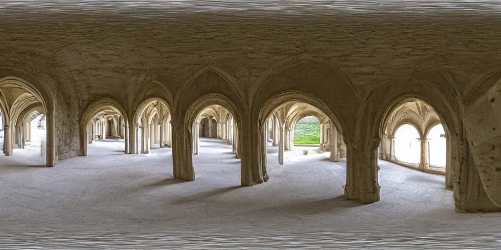 Prompt: high quality 3 6 0 ° image in equirectangular projection of a cloister of a cistercian monastery, seamless, gothic