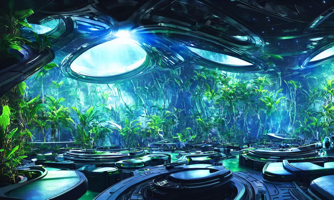 Prompt: paradise inside of a spaceship for humans in deep space, tribal dance club vibes party rave, massive windows showing dark space, natural, plants, water features, waterfalls, 4 k, transcendent, trending on artstation, photorealistic, award winning, hyper detailed, rule of thirds, dramatic, volumetric lighting, octane render