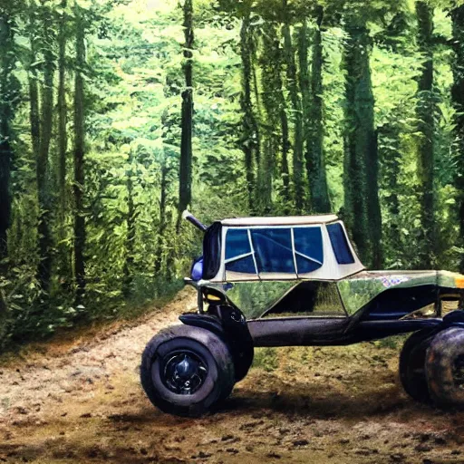 Image similar to off road buggy in the forest, artstatiom, 4 k, incredibly detailed