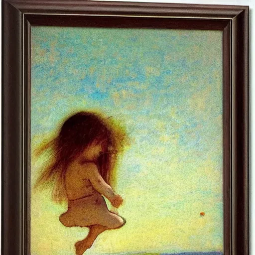 Image similar to pretty child eating ice cream on the beach, long hair flying becous wind by odilon redon