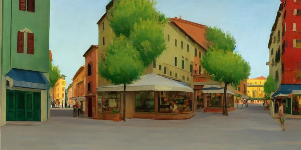 Image similar to calm italian street with green trees and icecream shop in the style of Edward Hopper