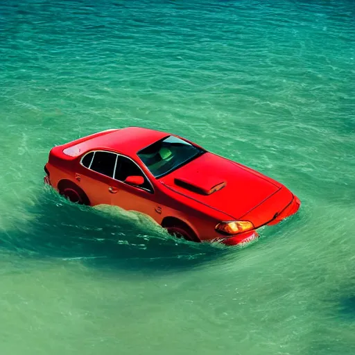 Prompt: car floating in the ocean