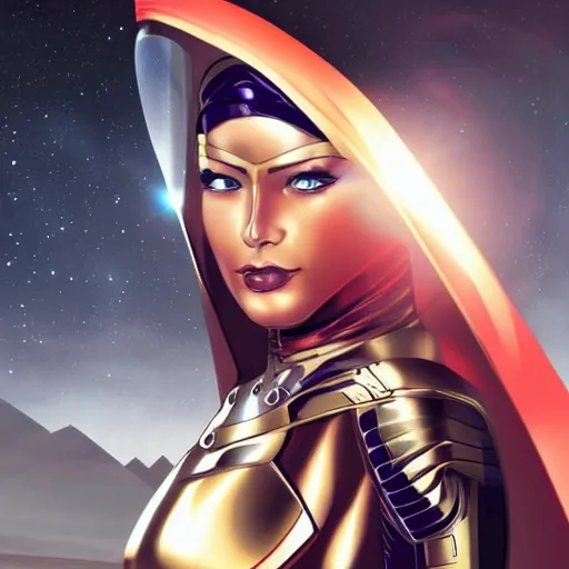 Prompt: a woman hero in a themed futuristic metal suit, super hero, armor, sleek, beautiful face, cinematic pose, sci - fi, egypt themed art