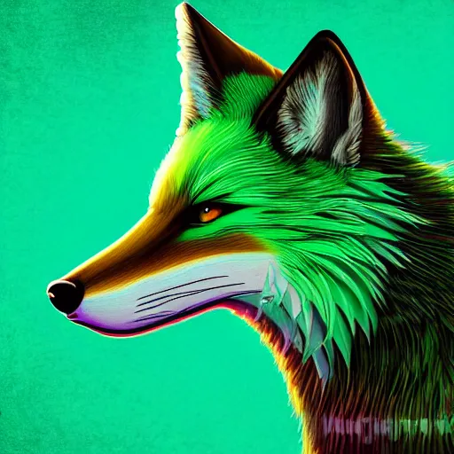 Prompt: digital radiation green fox, retrowave palette, digital world, highly detailed, electric breeze, anatomically correct vulpine, synth feel, fluffy face, ear floof, flowing fur, super realism, accurate animal imagery, 4 k digital art