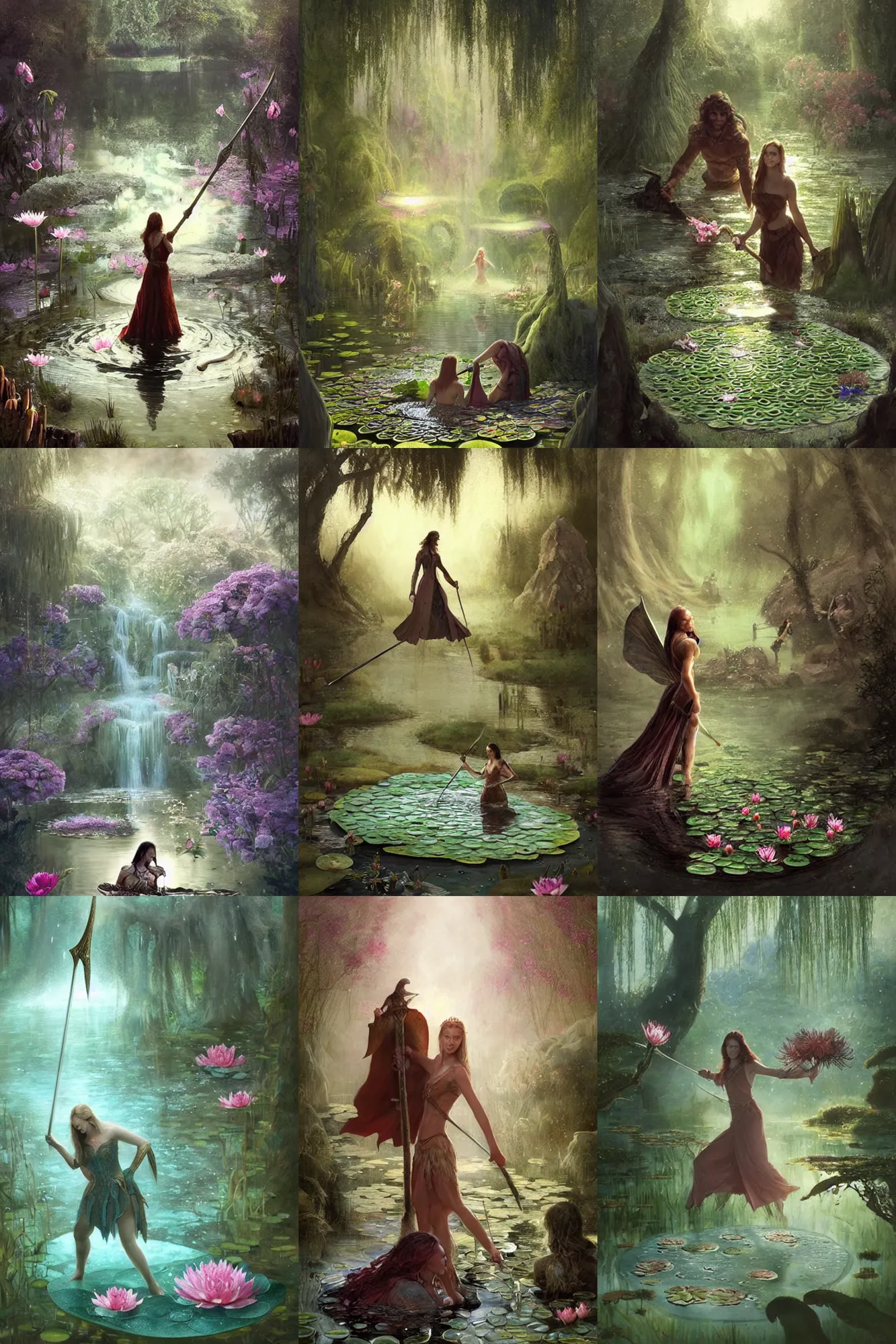 Prompt: king arthor pulling Excalibur out of the pond. woman hannah dodd a cinematic moment between friends portrait a fairy lily pad pond with a weeping willow peonies, silhouette, Minimal Movie Posters, fantasy magic, art masterpiece by Greg Rutkowski, Gaston Bussiere, craig mullins, #wip #illustration #illustradraw #illustrator #vector #colors #colorschemes