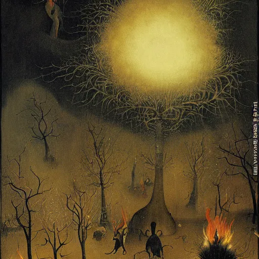 Prompt: a surreal painting by hieronymus bosch of a dark forest of tiny burning bonzai trees on fire, smoke in the sky, people standing around screening and running, ominous, oil on canvas