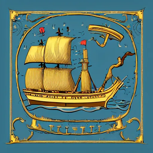 Image similar to detailed golden age illustration of a pirate ship on the ocean