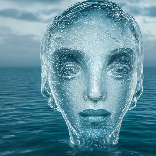 Prompt: water artwork manipulation in the shape of a human head, on the ocean water, ray tracing, realistic water sharp focus, long shot, 8 k resolution, cinematic, water sculpture