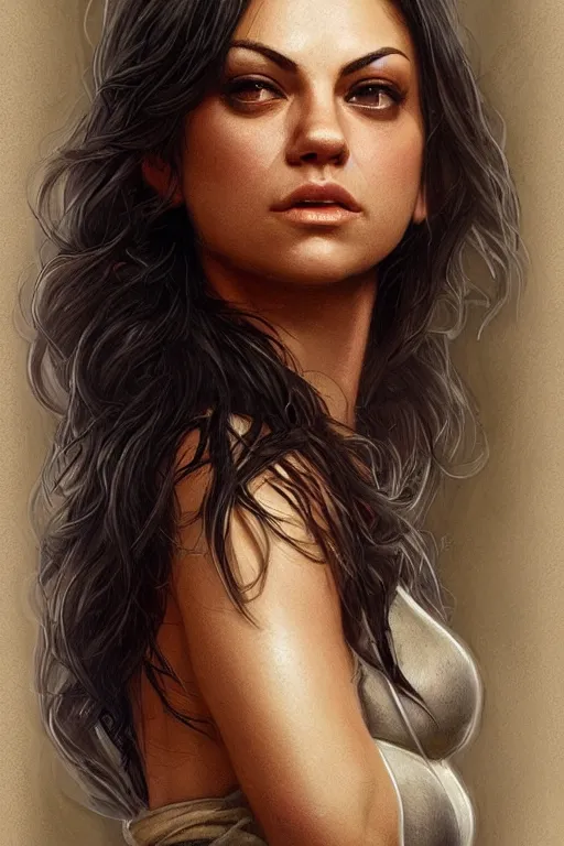 Image similar to tough Mila Kunis as a ruggedly handsome heroine, intricate, elegant, highly detailed, centered, artstation, concept art, smooth, sharp focus, illustration, bokeh art by artgerm and donato giancola and Joseph Christian Leyendecker, WLOP