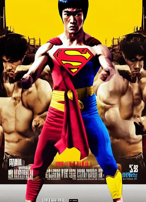 Image similar to Film poster Bruce lee fights VS superman, full body, detailed and realistic, 4k, filmic render