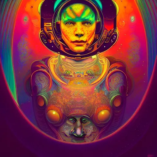 Prompt: An extremely psychedelic experience, colorful, surreal, dramatic lighting, cosmonaut, LSD, face, detailed, intricate, elegant, highly detailed, digital painting, art nouveau, tarot, artstation, concept art, smooth, sharp focus, illustration, art by Sam spratt, dan mumford, Artem Demura and alphonse mucha