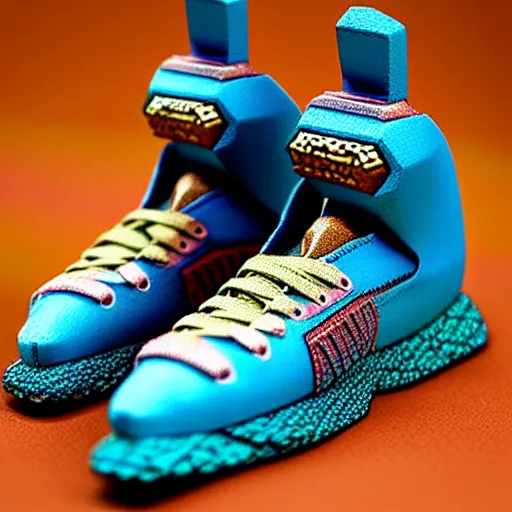 Image similar to realistic scultpure of sneaker! design, sneaker design overwatch fantasy style mixed with aztec mayan native street fashion, focus on sneakers only, shoes designed by akira toriyama and studio ghibli