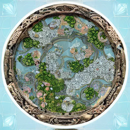 Image similar to intricate baroque kawaii circular cartography map of a fantasy world beveled : : terrain cartography, fantasy aesthetic, autodesk 3 d rendering, v - ray collection, maverick studio, arnold 3 d render, blender render, indigo renderer, redshift render, enscape render, maxwell render, luxcorerender, renderman, lumion render, marmoset render