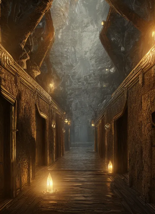 Image similar to castle hallway, ultra detailed fantasy, elden ring, realistic, dnd, rpg, lotr game design fanart by concept art, behance hd, artstation, deviantart, global illumination radiating a glowing aura global illumination ray tracing hdr render in unreal engine 5