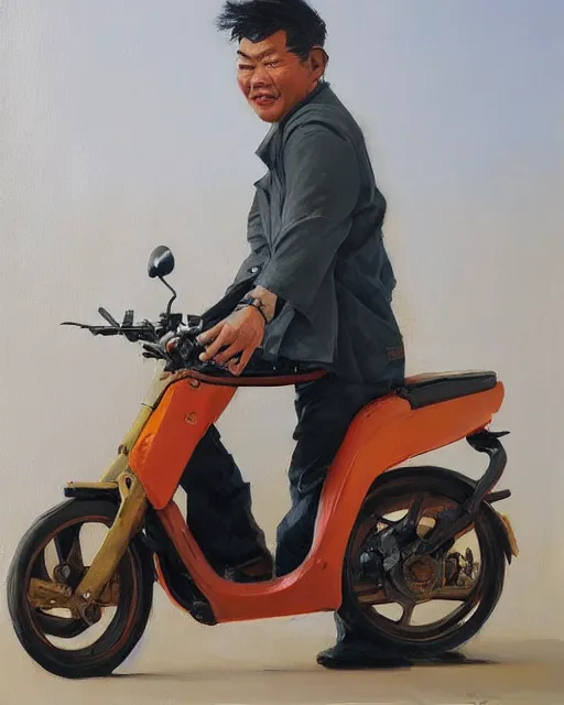 Prompt: greg manchess portrait painting of asian middle age man on moped motorbike burning, medium shot, asymmetrical, profile picture, organic painting, sunny day, matte painting, bold shapes, hard edges, street art, trending on artstation, by huang guangjian and ail elvgren and sachin teng