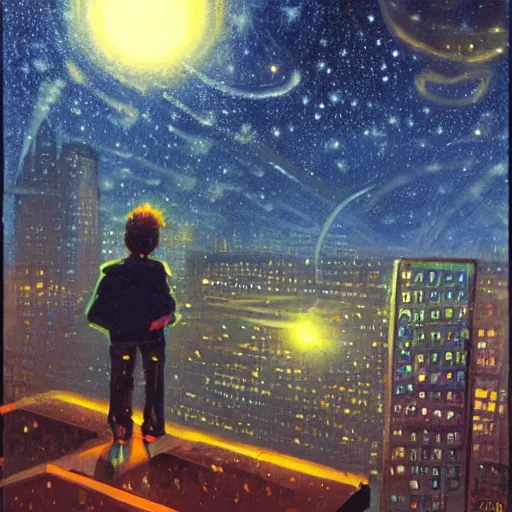 Image similar to a kid in a big city, on a rooftop, watches a beautiful night full of stars and tech buildings, from a by paul lehr