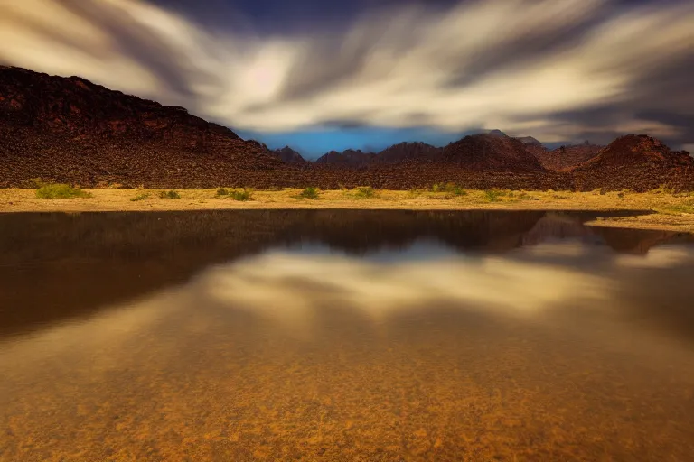 Prompt: beautiful landscape photography of an Arizona desert, lake, midnight, stars