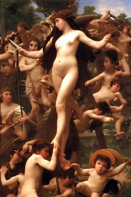 Prompt: battling Spartans against Cyclops in the style of  William Adolphe Bouguereau