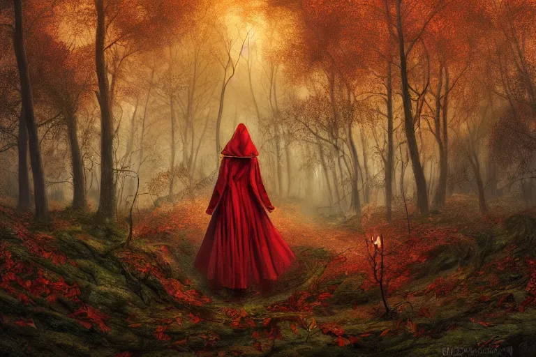 Prompt: a stunning ultra detailed fantasy illustration of a red riding hood holding a glowing leafy umbrella in a barren forest with barren sinuous tree, fall leaves on the floor, by tomasz alen kopera, deep depth of field, 2 4 mm lens, golden hour hues, soft lighting, artstation, highly coherent, 8 k