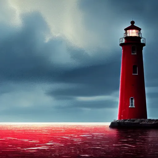 Prompt: beautiful lonely red lighthouse, standing behind red water, 4 k resolution, ultra detailed, style of greg rutkowski, ryan dening,