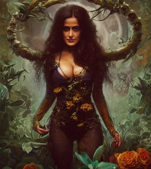 Image similar to portrait of the young salma hayek of the underworld, surrounded by flowers by karol bak, james jean, tom bagshaw, rococo, trending on artstation, cinematic lighting, hyper realism, octane render, 8 k, hyper detailed.