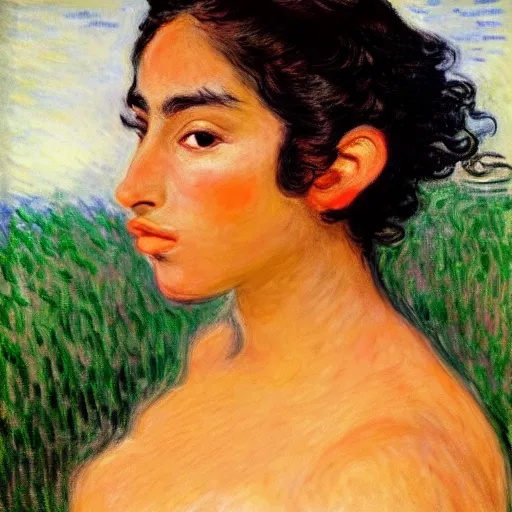 Image similar to beautiful tan latina woman, landscape, prominent rosy cheek bones, black hair and brown eyes, monet and da vinchi art style,