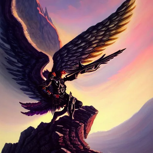 Image similar to painting of a fallen angel paladin with big burnt wings reaching the summit of a haunted mountain, sharp focus, award - winning, trending on artstation, masterpiece, highly detailed, intricate. art by terese nielsen