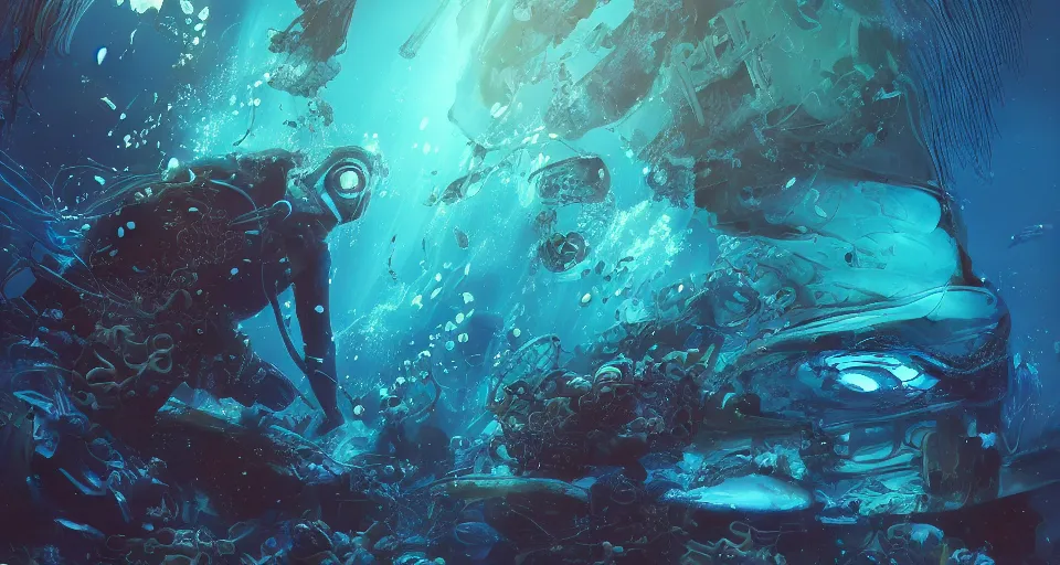 Image similar to bioluminescent underwater life fighting, blue and orange light, cyberpunk, deep ocean, bottom of the sea, dark, extreme depths, organic, mariana trench, midnight zone, bubbles, hyper realistic, hyper detailed, digital art, trending in artstation, studio quality, photorealistic, photo, by jesper ejsing, wlop, paul lehr