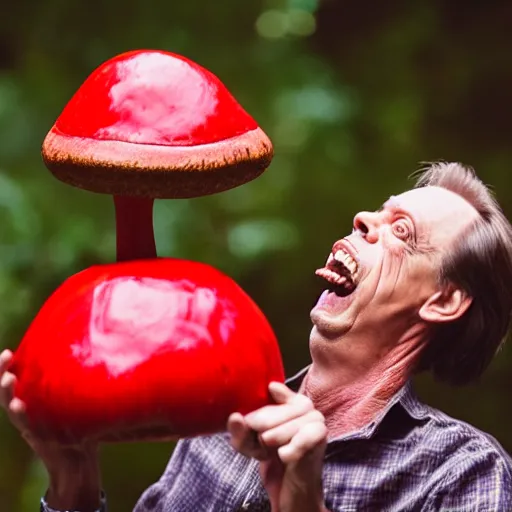 Image similar to portrait photo of steve buscemi finding a giant red mushroom, exhilarated, portrait, closeup. mouth open, 30mm, bokeh