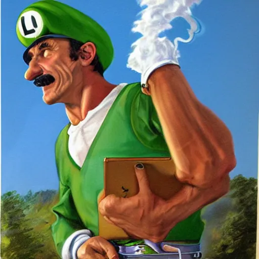 Image similar to Luigi smoking joint, artwork by Earl Norem,