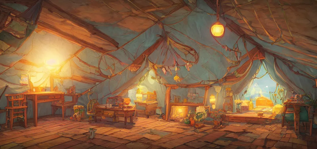 Prompt: cozy attic packed with antiques and furniture, a tent made of bedsheet lit by colorful lightbulps, intricate Details, illustration , in the style of Studio ghibli, breath of the wild, myazaki, anime, clean render, denoise, rule of thirds