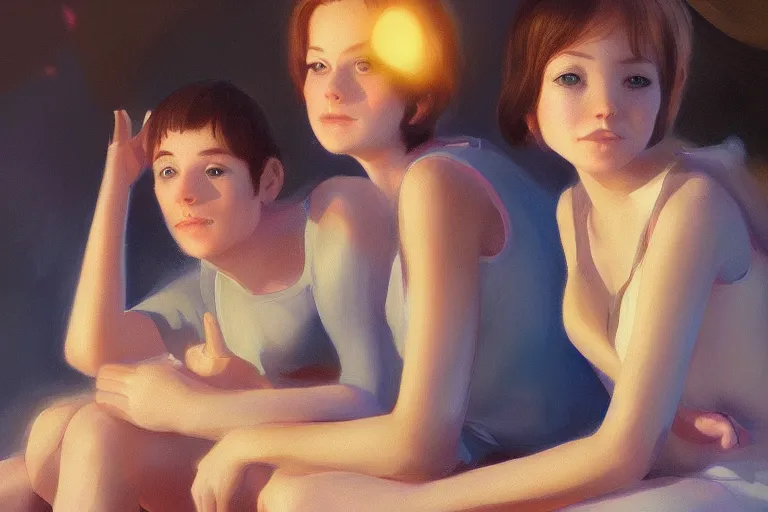 Prompt: beautiful high detailed painting of friends, beautiful faces, sitting on the edge, cute, soft light, digital painting by diane arbus and ralph mcquarrie, octane render. trending on artstation