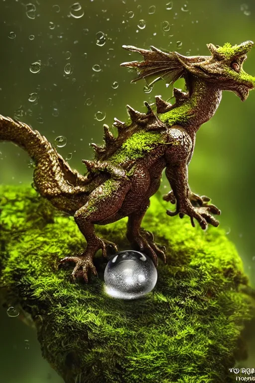 Image similar to a tiny dragon made of moss, dewdrops, macro, dramatic lighting, cinematic, establishing shot, extremely high detail, foto realistic, cinematic lighting, post processed, concept art, high details, cinematic, 8k resolution, beautiful detailed, photorealistic, digital painting, artstation, concept art, smooth, sharp focus, artstation trending, octane render, unreal engine