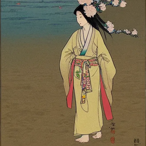 Prompt: a young asian woman with traditional robes walking on the sand in the desert, flowers on her head, fantastic castles in the distance, japanese art, illustration in the style of moebius, miyazaki, alphone mucha,