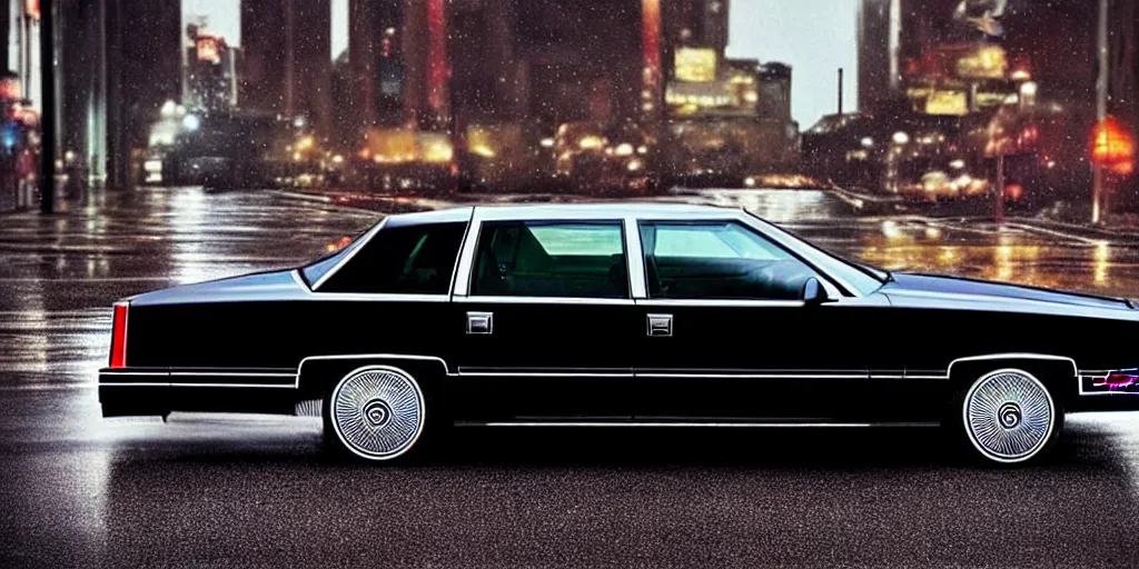 Prompt: hyper realistic, high detail real life photo of black 1 9 9 2 cadillac de ville, city streets wet, beautiful, dreary lighting