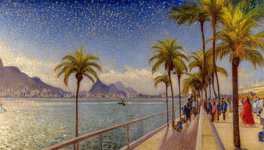 Image similar to a ultradetailed beautiful painting of the thunderstorm sky of the rio de janeiro palace balustrade designed by jules bastien - lepage, tarsila do amaral, frank weston and gustave baumann, beach, trending on artstation, mediterranean, palm trees, sharp focus, colorful refracted sparkles and lines, soft light, 8 k 4 k