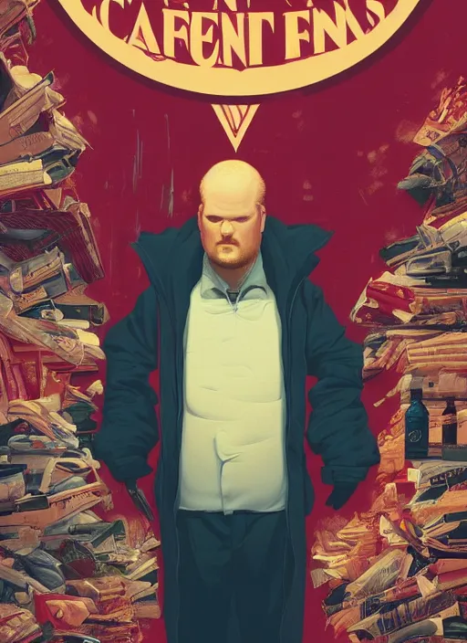 Image similar to poster artwork by Michael Whelan and Tomer Hanuka, Karol Bak of Jim Gaffigan hitman in peacoat from scene from Twin Peaks, clean, simple nostalgic, domestic