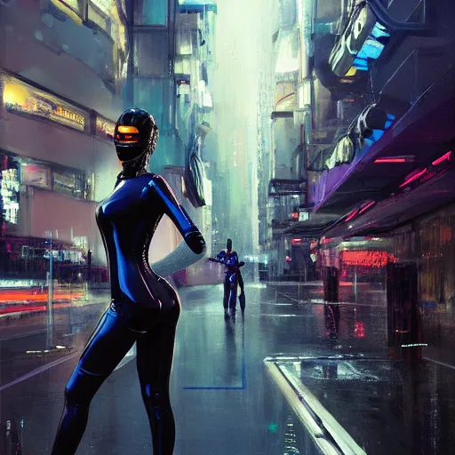 Prompt: lady dressed in latex catsuit, in a futuristic cyberpunk city, long hair, high heels, walking towards camera, cinematic, low angle, fog, wide angle, by John Berkey , trending on art station