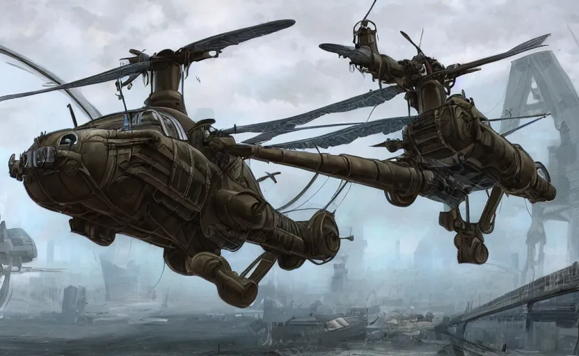 Prompt: concept art of huge dieselpunk massive helicopter