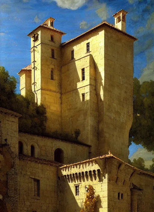 Image similar to lourmarin chateau in provence pattern texture, elegant, peaceful, hyper realistic, extremely detailed, dnd art, fantasy art, intricate fantasy painting, dramatic lighting, vivid colors, deviant art, artstation, by edgar maxence and caravaggio and michael whelan and delacroix.