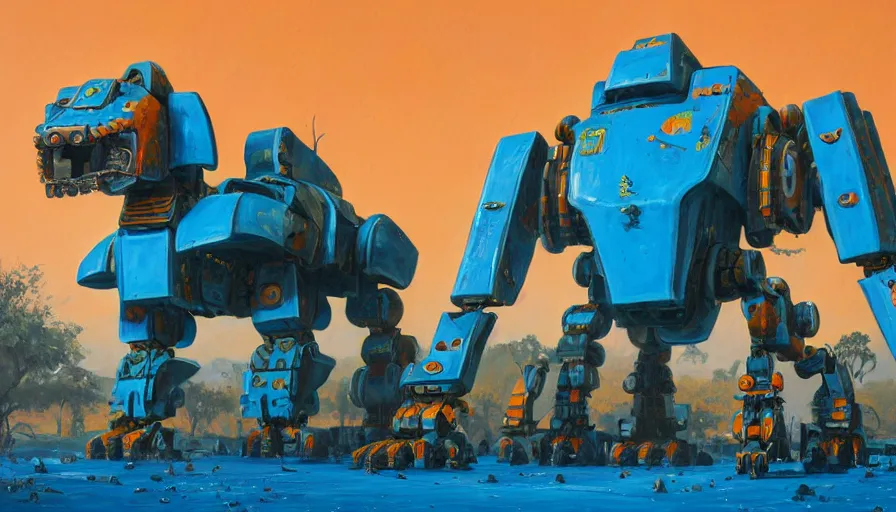 Image similar to an intricate oil painting of a giant south african armored cheetah shaped scrap metal mecha by simon stalenhag, yellow, orange and cyan paint decals