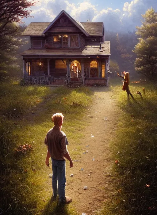Prompt: highly detailed hyperrealistic painting of a short hillbilly with long blonde hair standing in front of his porch yelling at his friend, bonfire, stephen bliss, art by greg rutkowski, loish, rhads, ferdinand knab, makoto shinkai and lois van baarle, tom bagshaw, photo, portrait, global illumination, artstation