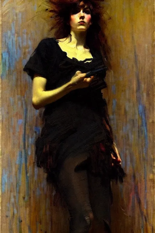 Prompt: impressionist brushstrokes!!!!!!!!! solomon joseph solomon and richard schmid and jeremy lipking victorian loose genre loose painting full length portrait painting of a young beautiful woman punk rocker