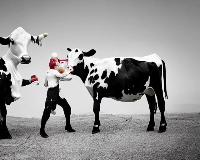 Prompt: incredible absurd nihilistic surreal photoshoot advertisement for milk, people enjoying milk in the style of tim walker, people dressed as cows, cows dressed as people, celebration of milk, vsco film grain