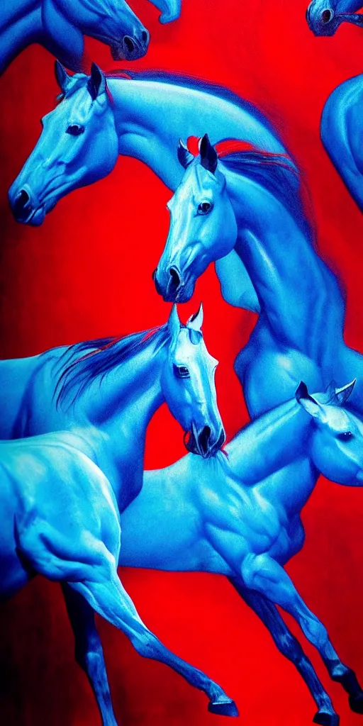 Image similar to red horses with blue riders, too many teeth, too many eyes, in hoc signo vinces, waterfall, in the style of gottfried helnwein, light by caravaggio, part by rodcenko, part by hofbauer, high contrast chiaroscuro, intricate composition, blue light, insanely quality, highly detailed, masterpiece, red light, artstation