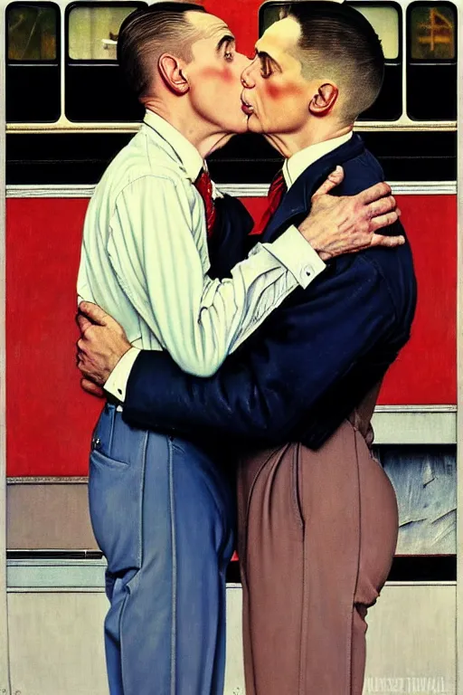 Image similar to gay male couple at a train station, norman rockwell painting of donald trump kissing donald trump