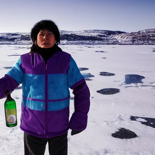 Prompt: portrait of an indigenous inuit standing on ice in the arctic tundra littered with plastic bottles