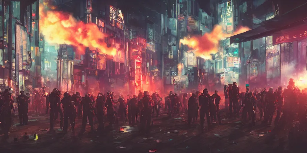 Image similar to very long shot, riot in a cyberpunk city, police use special equipment against the crowd on a square, high detail art, evening, police sirens in smoke, dark environment