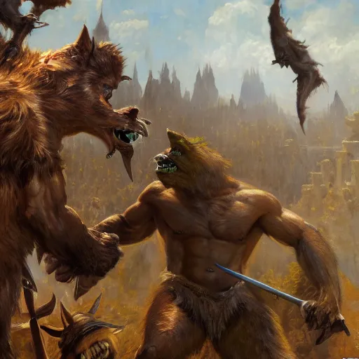 Image similar to a huge 6 - meter werewolf fights an army of orcs, close - up, painting by gaston bussiere, craig mullins, j. c. leyendecker, 4 k, 8 k, trending on artstation, artstationhd, artstationhq, highest detail